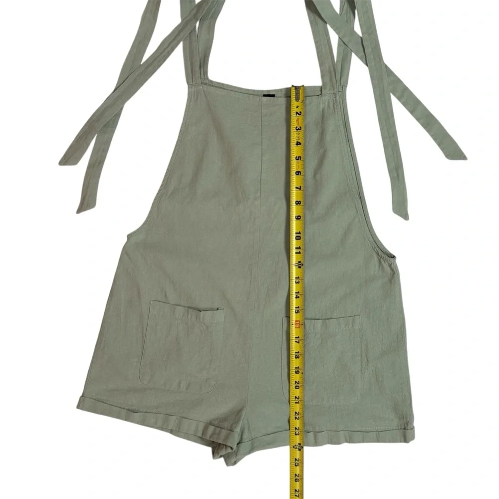 SHEIN Women Cotton Bib Shortalls Romper Sage Green Tie Strap Pockets